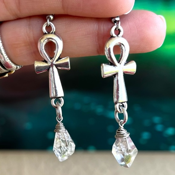 Silverskylight Jewelry - Herkimer diamonds anhks egyptian crosses earrings stainless steel post crystals